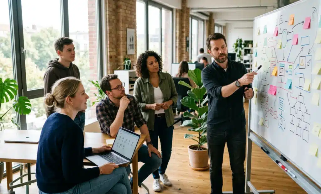EU Digital Product Passport: a practical compliance guide 2 A cross-functional team planning around a whiteboard with sticky notes and diagrams in a bright office.