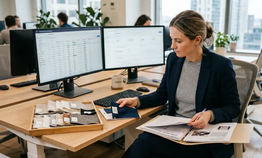 EU Digital Product Passport: a practical compliance guide 1 A professional reviewing fabric samples and supplier documents at a desk with product data on two monitors
