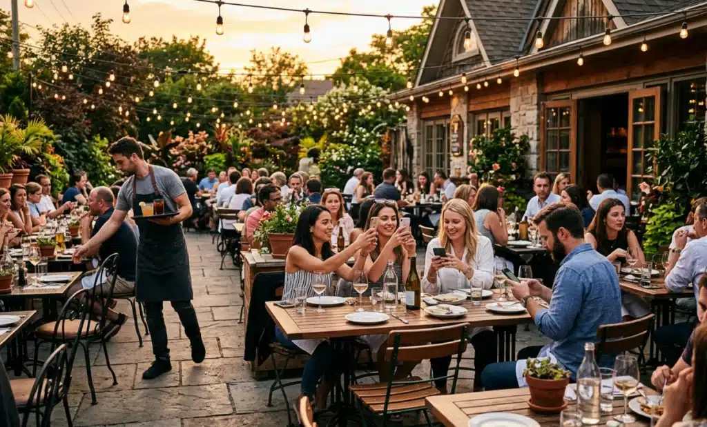 Why a AI QR code for seasonal menu updates is the smartest summer move for bars and restaurants 1 Busy summer restaurant patio with guests and outdoor dining atmosphere