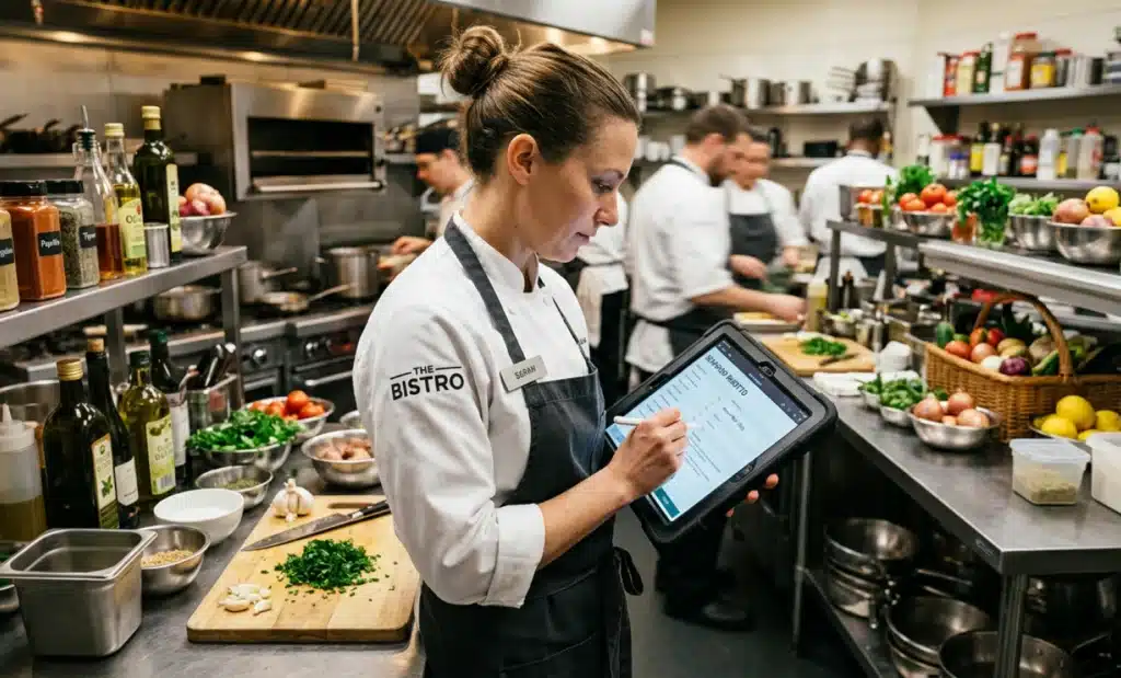 How restaurants use a AI QR code for allergen information to protect guests and speed up service 1 Chef updating allergen and ingredient data on a tablet in a restaurant kitchen