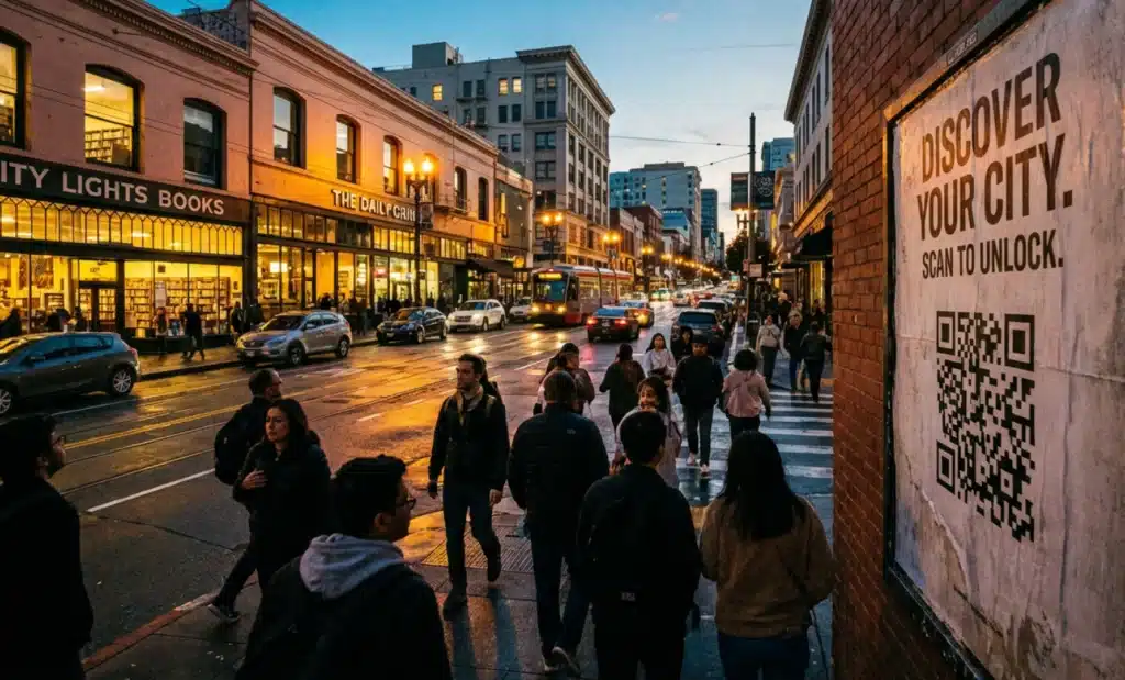 AI-Powered QR code management: why experience beats hype 2 City street at dusk with illuminated storefronts and a poster featuring a QR code in the foreground.