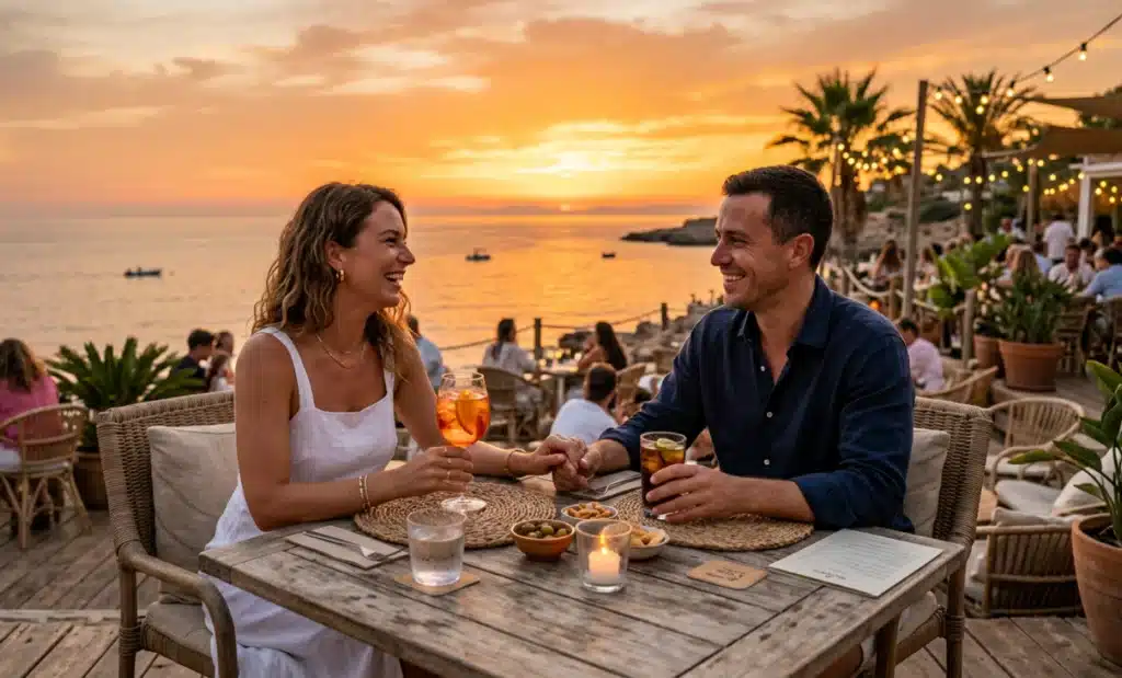 How beach clubs use QR codes to let guests order from their sunbed without waiting for staff 2 Couple enjoying drinks at a beach club at sunset