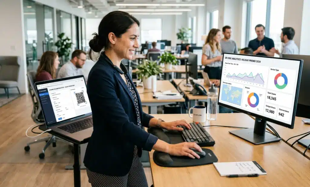 Trusted-domain QR codes: How to defeat quishing in the enterprise 1 Enterprise user managing dynamic QR code campaigns and analytics on a laptop