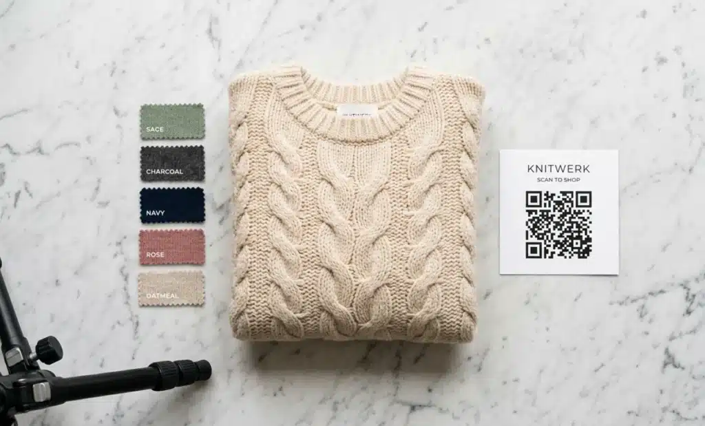 How to add a QR code on a Shopify product page 1 Flat lay product photography setup with a folded sweater and a printed QR code card on a marble surface.