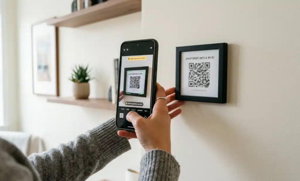 How hosts use QR codes in short-term rentals to answer guest questions without being there 2 Guest pointing smartphone camera at a QR code on a rental property wall