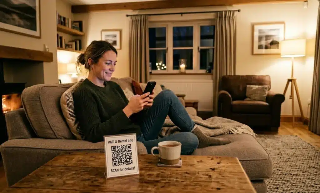 How hosts use QR codes in short-term rentals to answer guest questions without being there 1 Guest using smartphone to scan a QR code and chat with an AI assistant