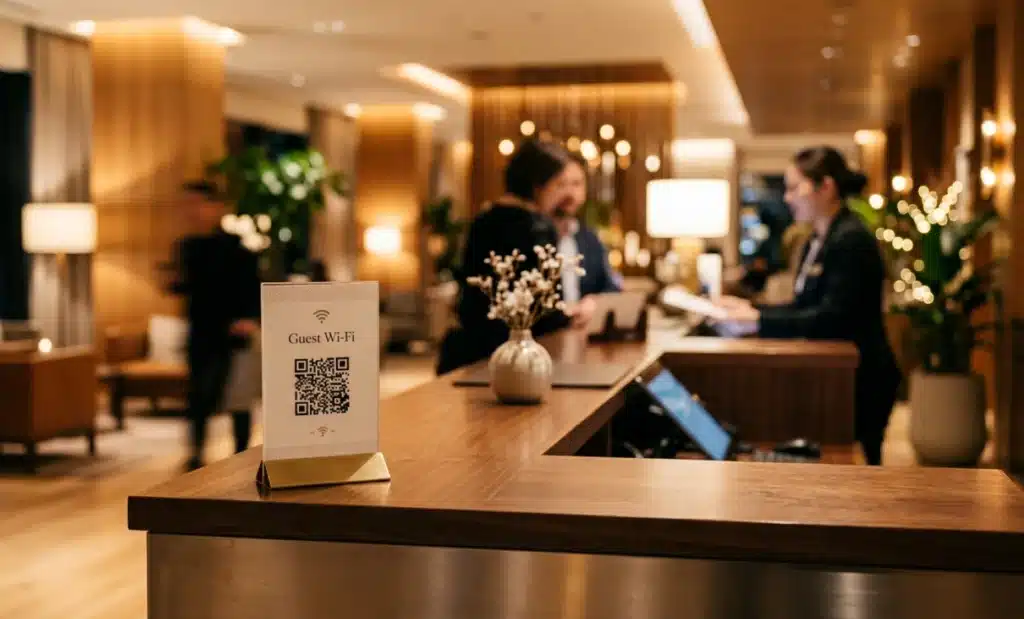 Conversational QR code vs dynamic QR code: the difference 1 Hotel reception desk with a small placard displaying a QR code for guest Wi-Fi