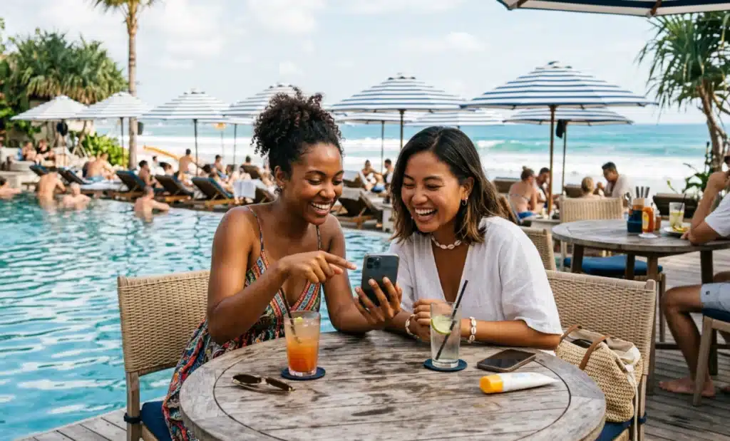 How beach clubs use QR codes to let guests order from their sunbed without waiting for staff 1 International guests sharing a phone screen at a beach club
