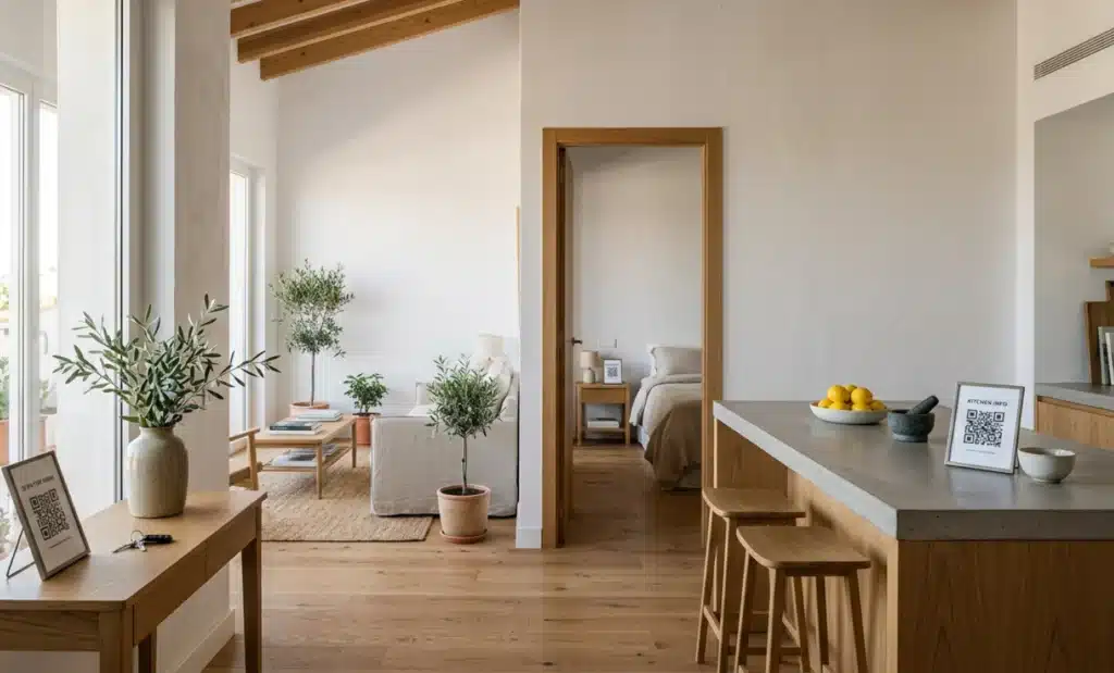 QR codes for rental properties and vacation homes: the digital welcome book Airbnb hosts wish they'd set up sooner 1 Minimalist apartment interior showing three subtle QR code card placements near the entry, kitchen, and bedroom