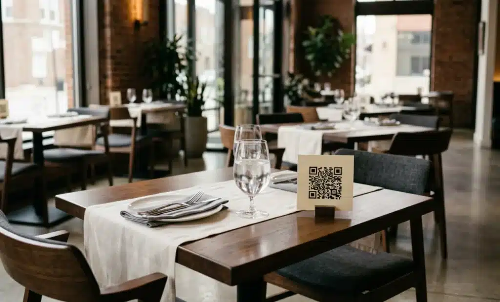 Why a AI QR code for seasonal menu updates is the smartest summer move for bars and restaurants 2 Modern restaurant table setting with a QR code card and ambient lighting