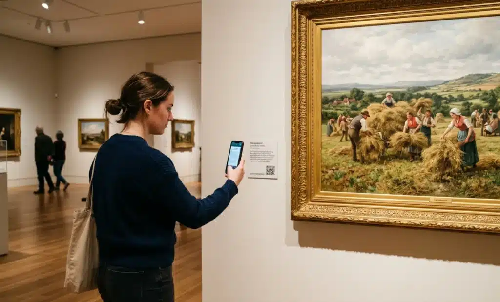 What are AI QR codes and how are they transforming dynamic QR technology 1 Museum visitor scanning a QR code next to an artwork and reading an AI-generated explanation on their phone