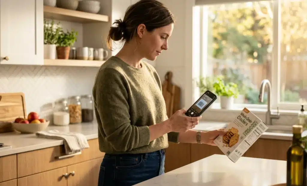 GS1 Sunrise 2027: the complete dynamic QR code migration guide 2 Person at a kitchen counter scanning a food product with a smartphone in natural sunlight.