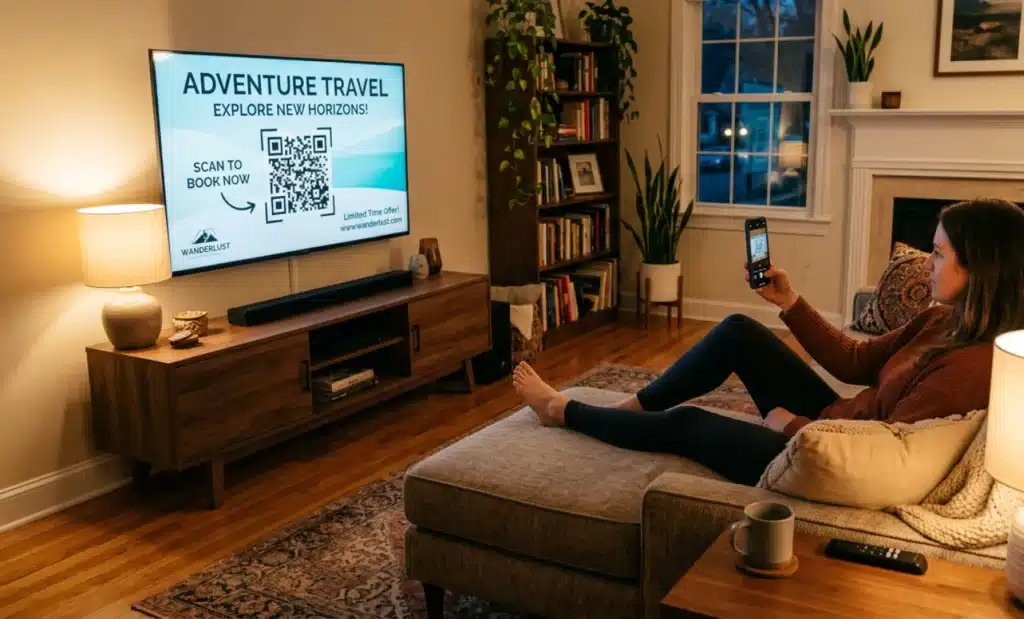 QR code on TV commercials: best practices in 2026 2 Person on a sofa holding a smartphone toward a television screen showing a QR code