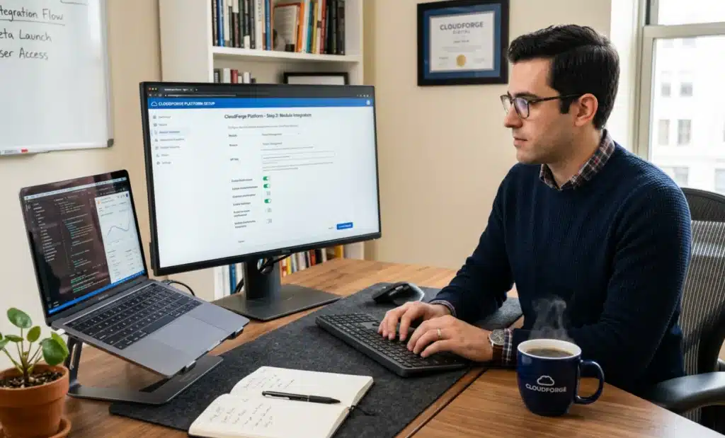 How restaurants use a AI QR code for allergen information to protect guests and speed up service 2 Person setting up an AI QR code platform on a desktop computer