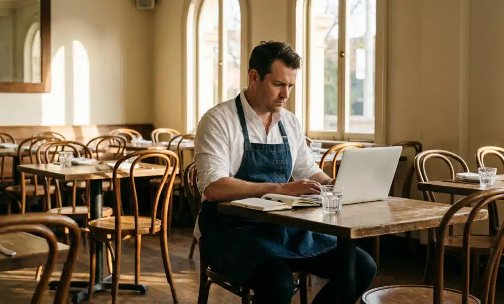 How AI QR codes work: a complete explanation 1 Restaurant owner working on a laptop in an empty dining room, organizing menu information.