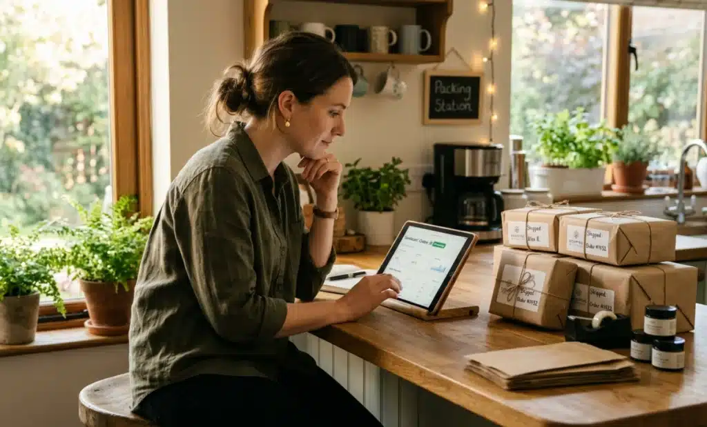 How to add a QR code on a Shopify product page 2 Small business owner reviewing a tablet at a kitchen counter with packaged products ready to ship.