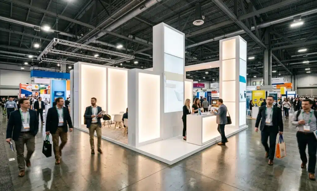 How AI QR codes work: a complete explanation 2 Trade show booth in a large convention hall with attendees walking past illuminated displays.