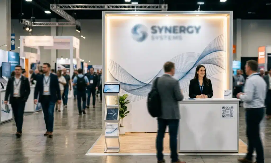 Conversational QR code vs dynamic QR code: the difference 2 Trade show booth with a clean printed banner and a small QR code in the corner