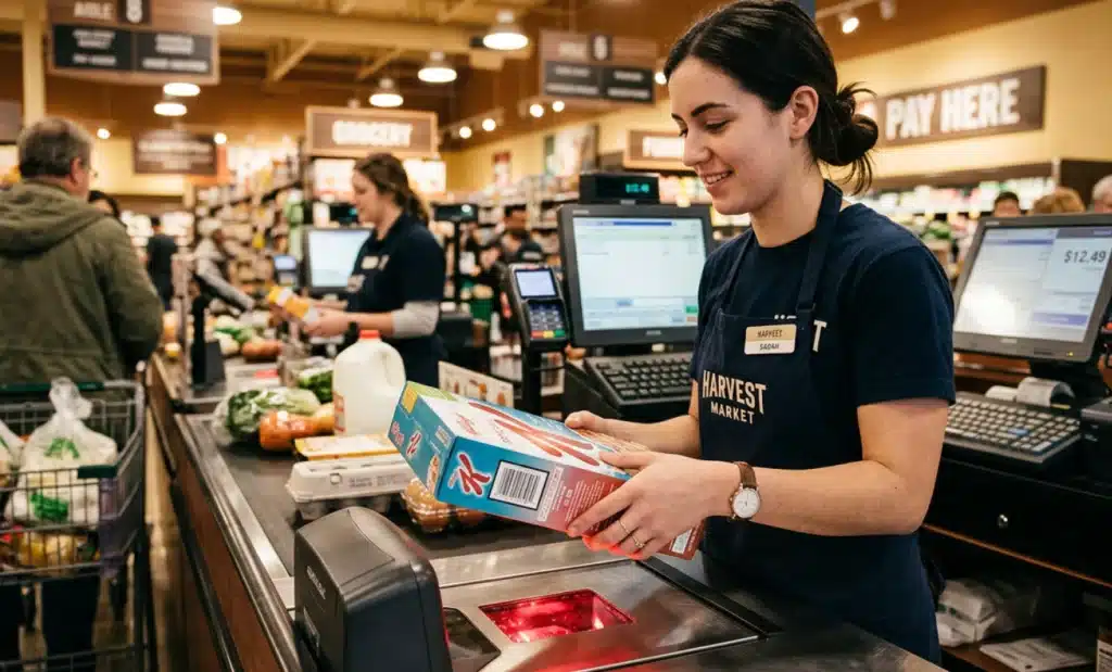 GS1 Digital Link 2027: what European brands need to know 1 A product being scanned at a supermarket checkout point of sale terminal.