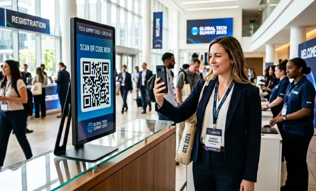The QR code is a regulation, not a technology 2 An attendee scanning a QR code on a modern digital signage screen at a contemporary event.