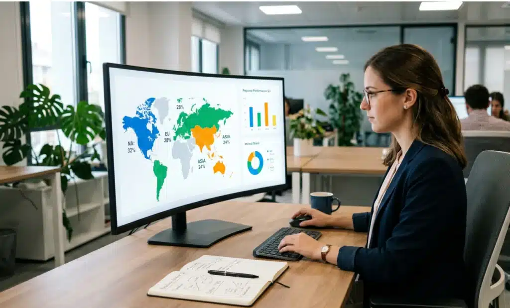 Multilingual AI QR code: one scan, every language 2 Analyst at a desk reviewing a world map dashboard on a large monitor with regional engagement highlights visible.