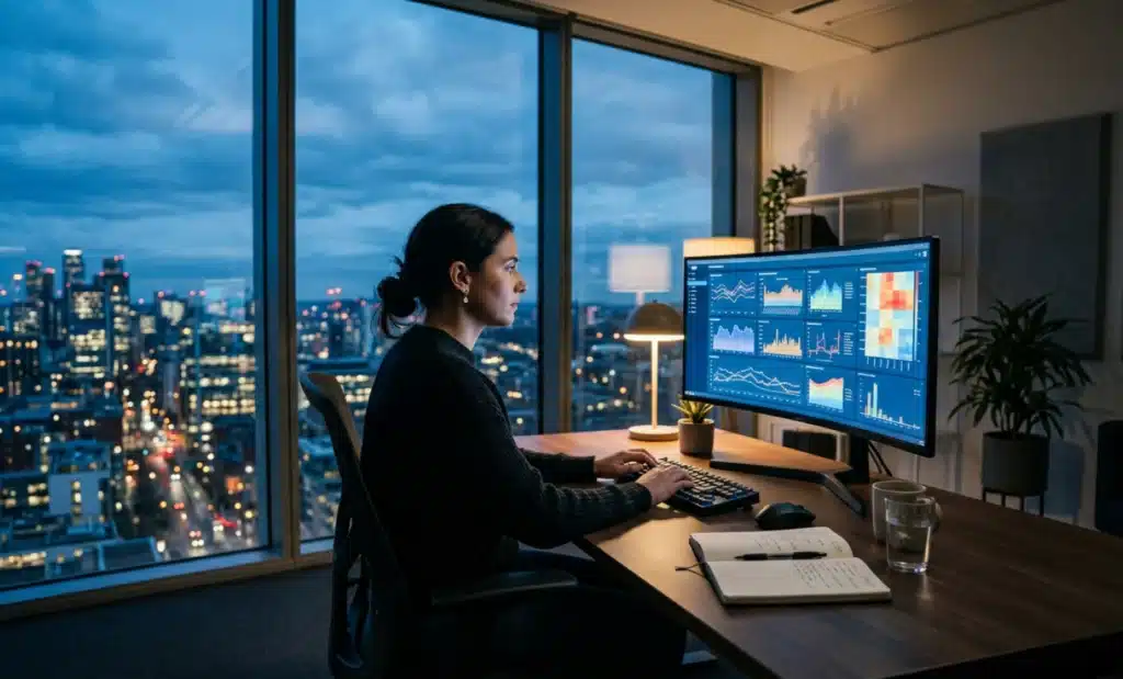 QR code adoption: EU vs US in 2026 2 Analyst working alone at dusk in front of a monitor displaying abstract dashboard visuals.