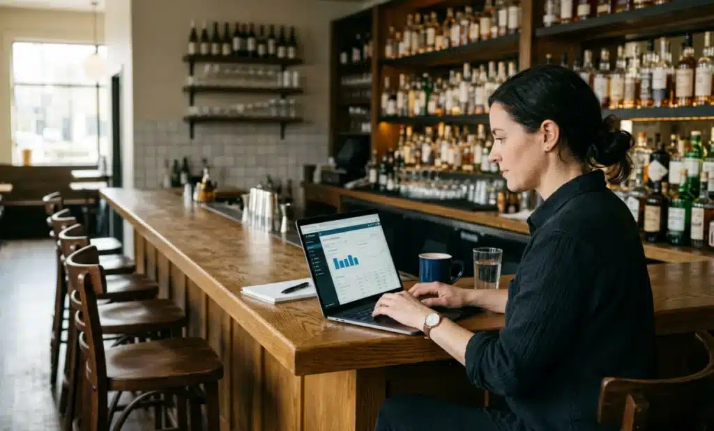 How do QR codes for bars speed up orders during peak summer nights? 1 Bar manager updating a digital menu on a laptop behind the counter