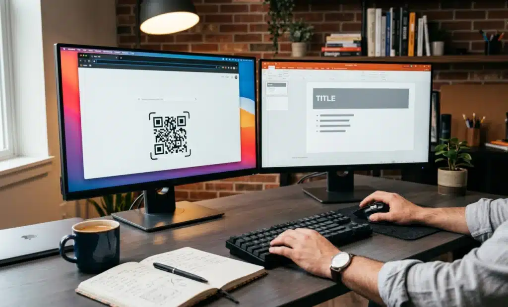 How to add a QR code in PowerPoint 1 Designer with two monitors side by side, one showing a web browser with a QR code generator and the other showing a slide layout