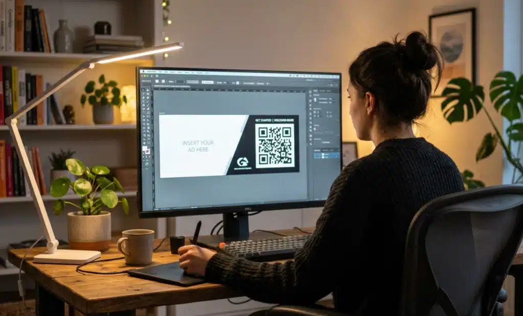 How to add a QR code in Notion workspace 1 Designer working on a desktop monitor positioning a square graphic as a header banner image.