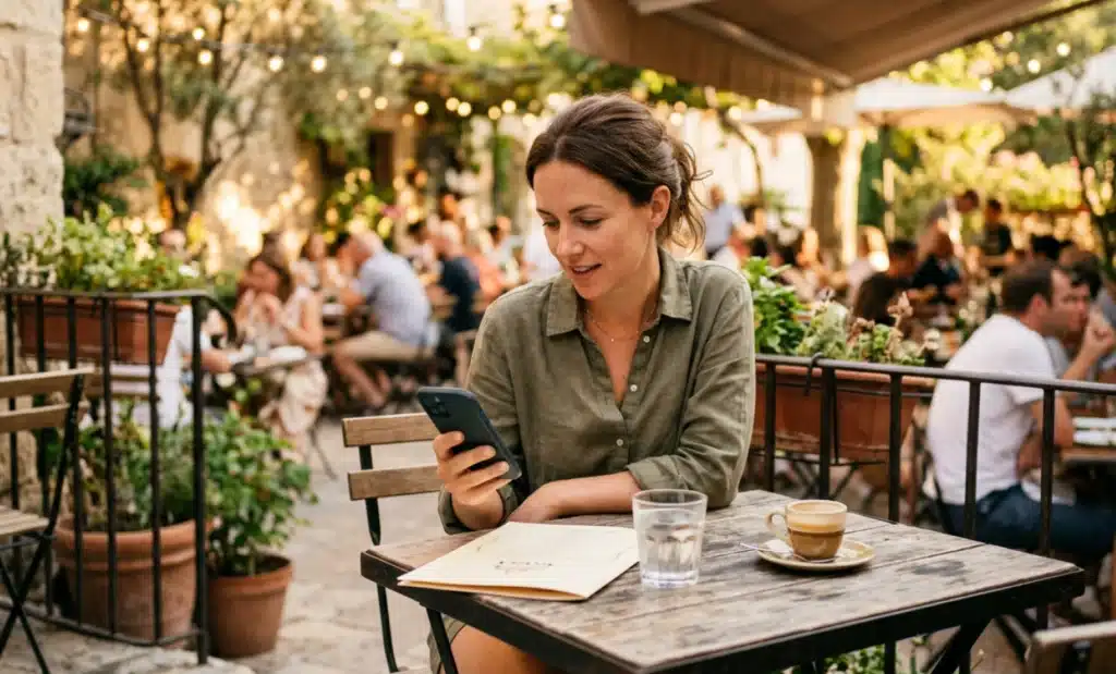 QR code adoption: EU vs US in 2026 1 Diner at a bistro terrace looking at a smartphone with a printed menu on the table.