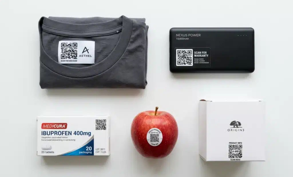 The QR code is a regulation, not a technology 1 Five contemporary regulated products arranged in a grid on a white surface, each marked with a QR code