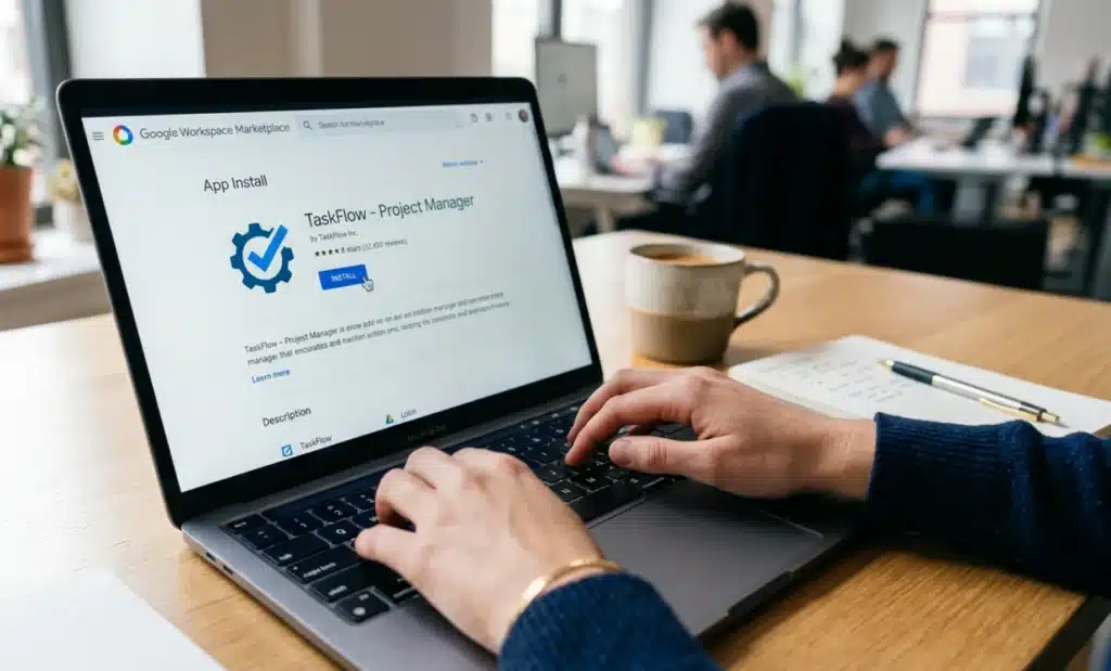 How to add a QR code in Google Slides 1 Hands typing on a laptop keyboard with the Google Workspace Marketplace add-on installation screen visible.