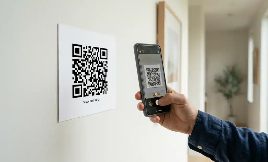 AI QR code for accessibility: a practical guide 1 High-contrast black and white QR code on a wall being scanned by a smartphone.