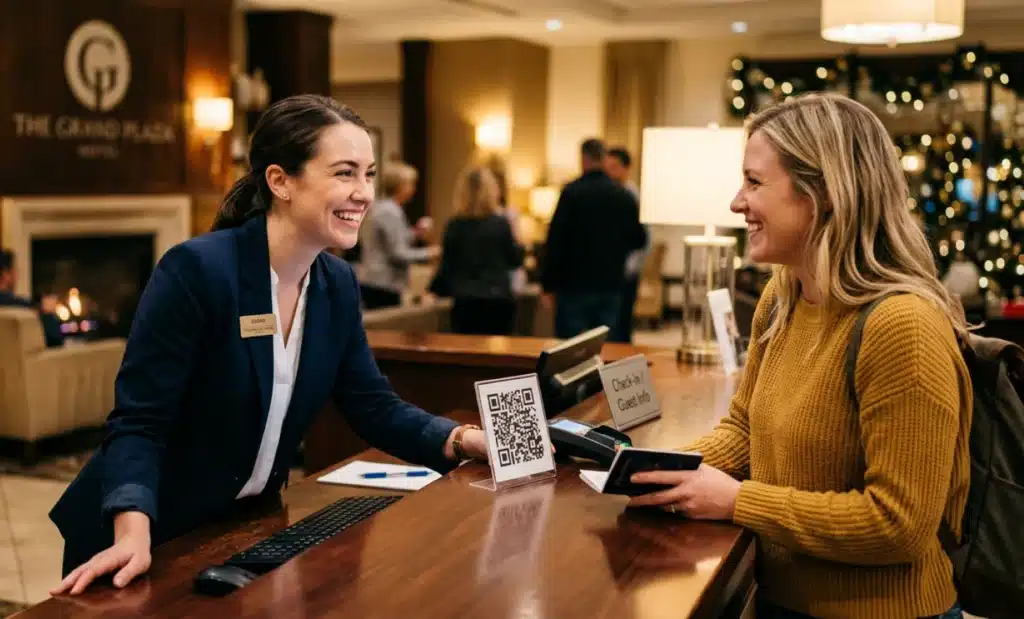 AI QR code for accessibility: a practical guide 2 Hotel staff member assisting a guest at reception with a QR code visible on the counter.
