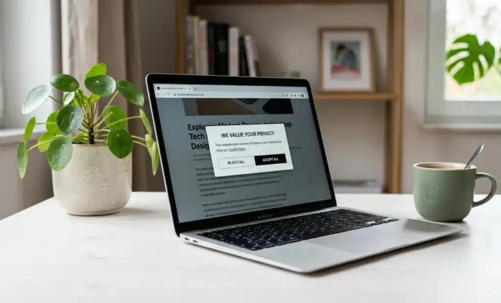 Cookieless tracking: how QR scan data fits the post-cookie stack 2 Laptop screen partially blurred showing a cookie consent notification