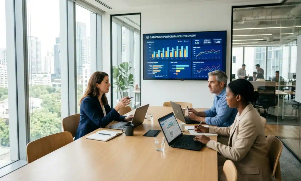 How to calculate the ROI of a dynamic QR code: the agency formula 2 Marketing team in a meeting reviewing campaign results on a large screen