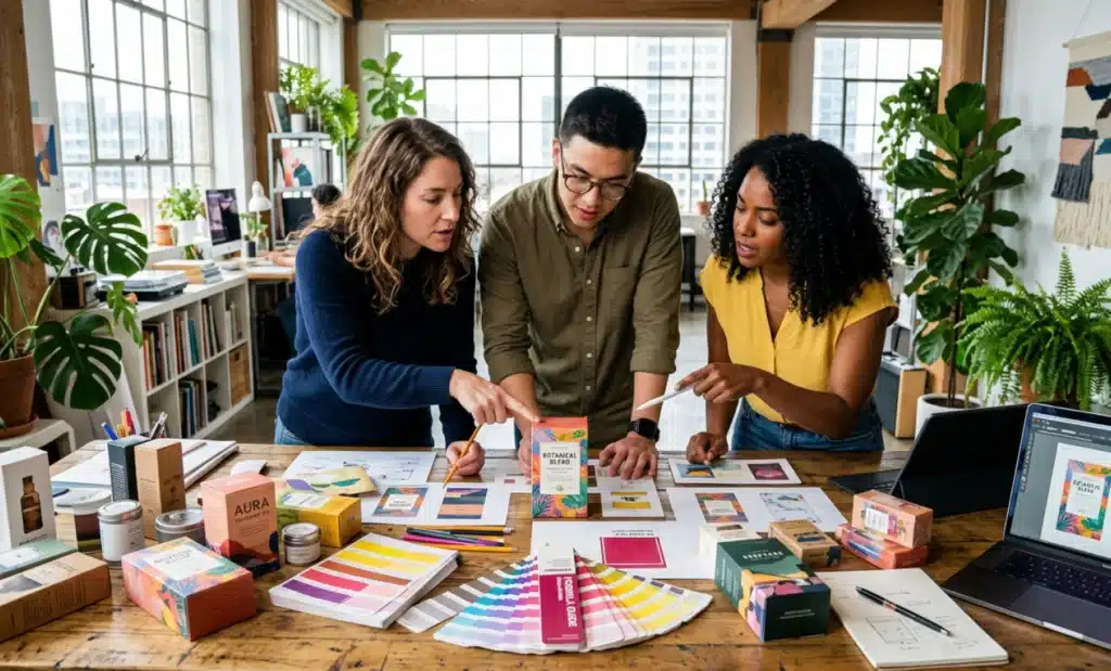 Multilingual AI QR code: one scan, every language 1 Marketing team reviewing printed packaging mockups on a studio table with color swatches and product samples.