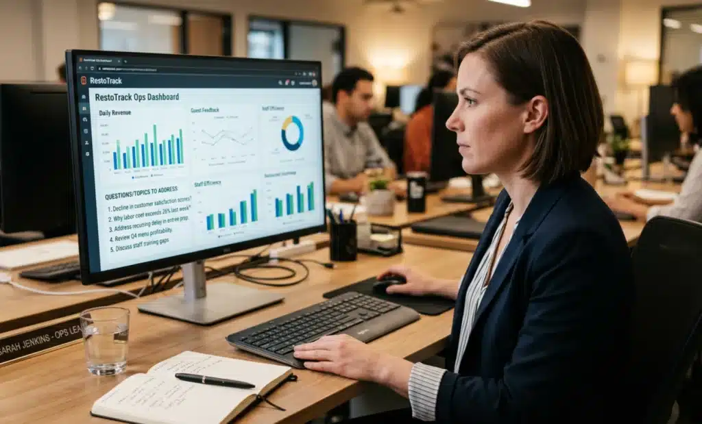 How to train AI on your menu, products and FAQ 2 Operations lead reviewing analytics and frequent customer questions on a dashboard.