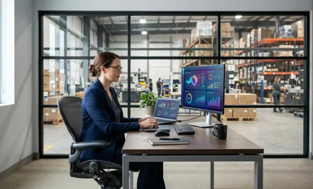 How to use a QR code for recall management 1 Operations manager updating product information on a laptop in a warehouse office