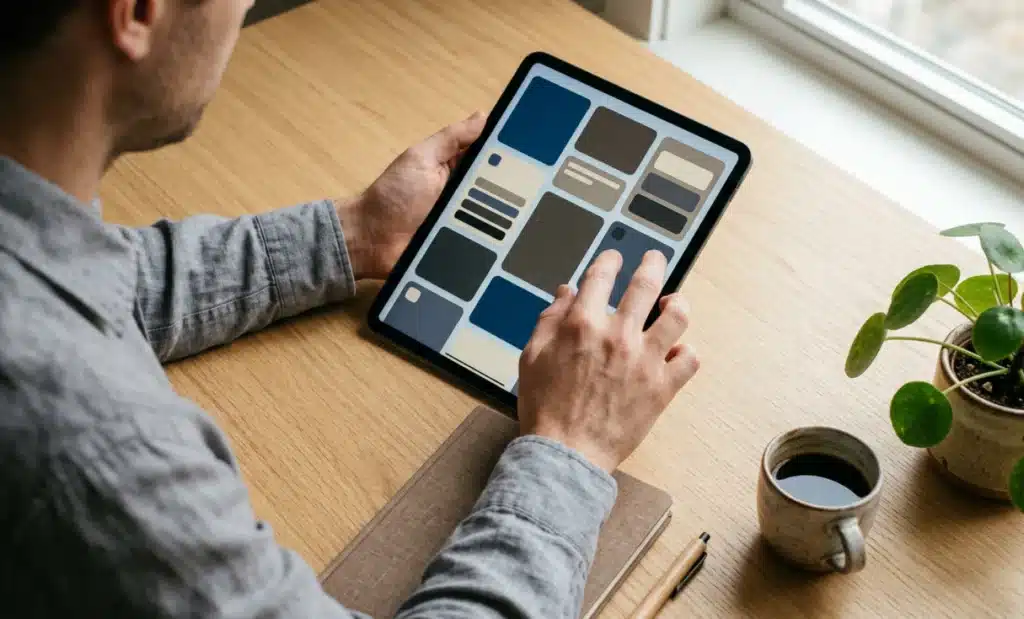 How an AI QR code reduces customer support tickets 1 Person organizing a structured knowledge base on a tablet at a tidy desk.