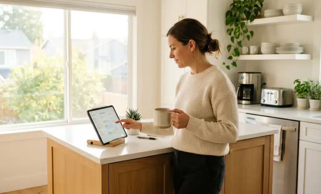 How to add a QR code in Notion workspace 2 Person reviewing a calendar planner on a tablet while sipping coffee at a kitchen counter.