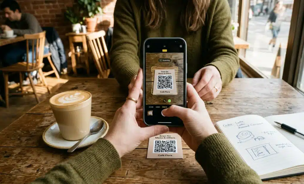 Cookieless tracking: how QR scan data fits the post-cookie stack 1 Person scanning a printed QR code on a café table with their phone