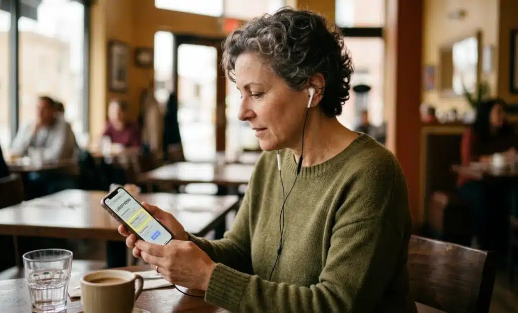 EAA compliance for restaurant menus: what to do now 1 Person using a smartphone with a screen reader active, headphones on, navigating a restaurant menu page.