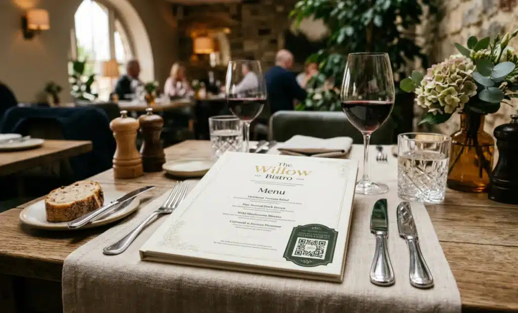 Branded QR code vs generic QR code: the security gap 2 Restaurant table with an elegant menu featuring a branded QR code in the corner alongside cutlery