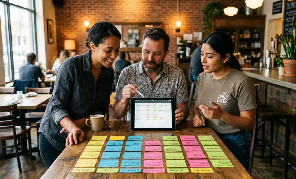 EAA compliance for restaurant menus: what to do now 2 Restaurant team gathered around a tablet planning the next steps of a project, with sticky notes ordered by priority.