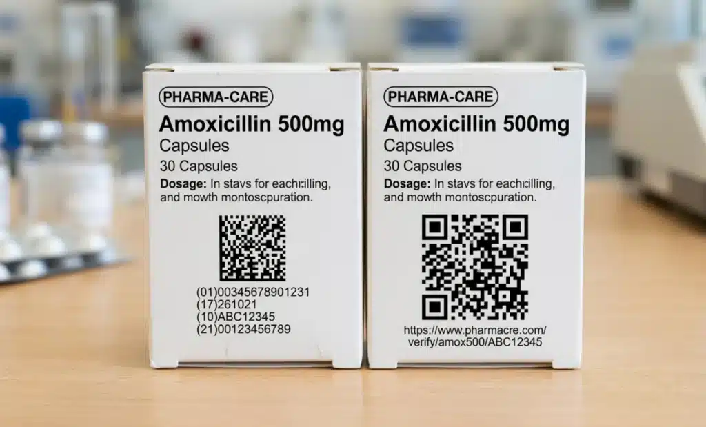 Pharmaceutical serialization with QR codes 1 Side-by-side comparison of a GS1 DataMatrix and a QR code printed on identical white pharmaceutical cartons