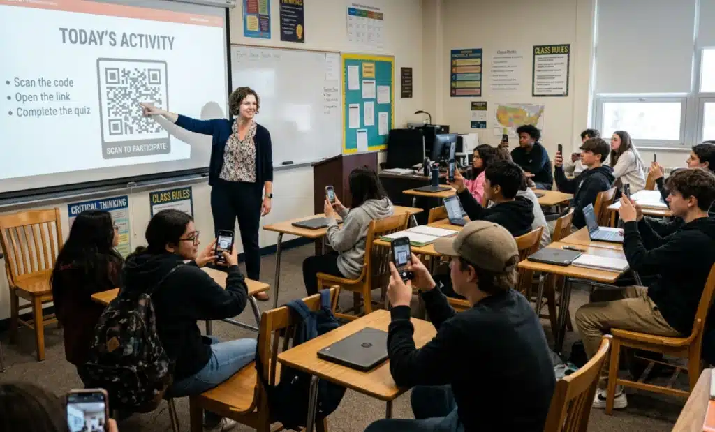 How to add a QR code in Google Slides 2 Teacher in a classroom pointing to a screen while students scan a QR code from their seats.