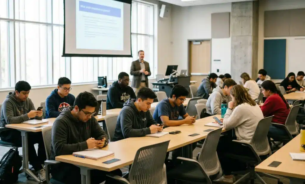 How to add a QR code in PowerPoint 2 University classroom with students using smartphones while a presentation is displayed at the front