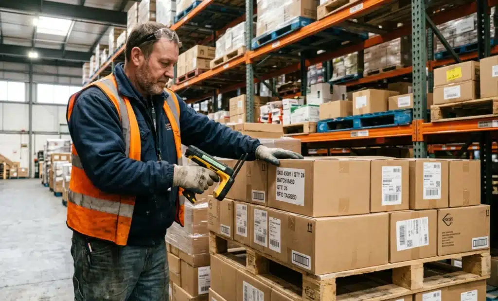 QR codes vs NFC vs RFID: what 17 years of deployments actually show 1 Warehouse worker in a safety vest using a handheld RFID reader to scan cardboard boxes stacked on a pallet.