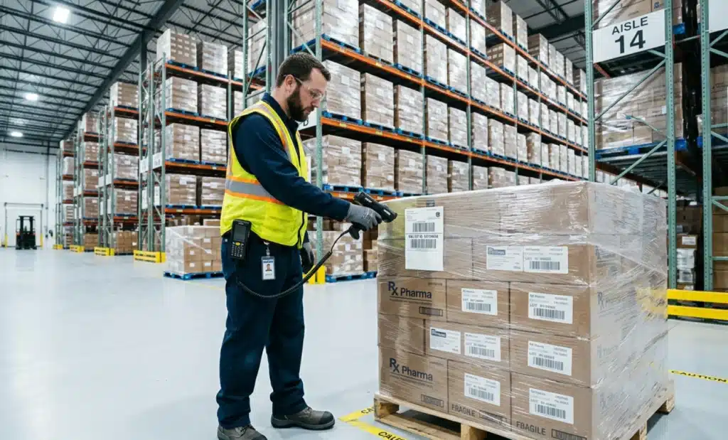 Pharmaceutical serialization with QR codes 2 Warehouse worker scanning a pallet code with a handheld industrial scanner in a pharmaceutical distribution center